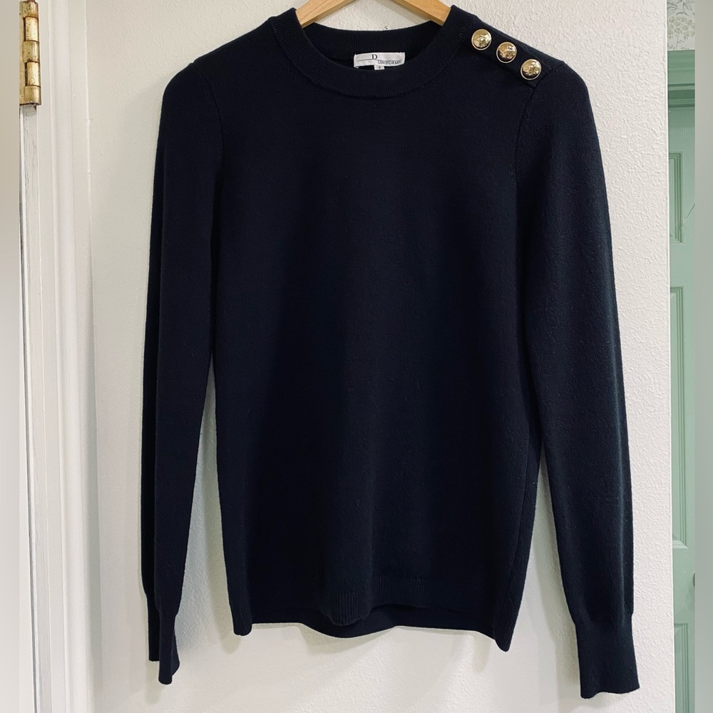 Dior D Designs Black Wool Blend Crewneck Sweater with Gold Button Details